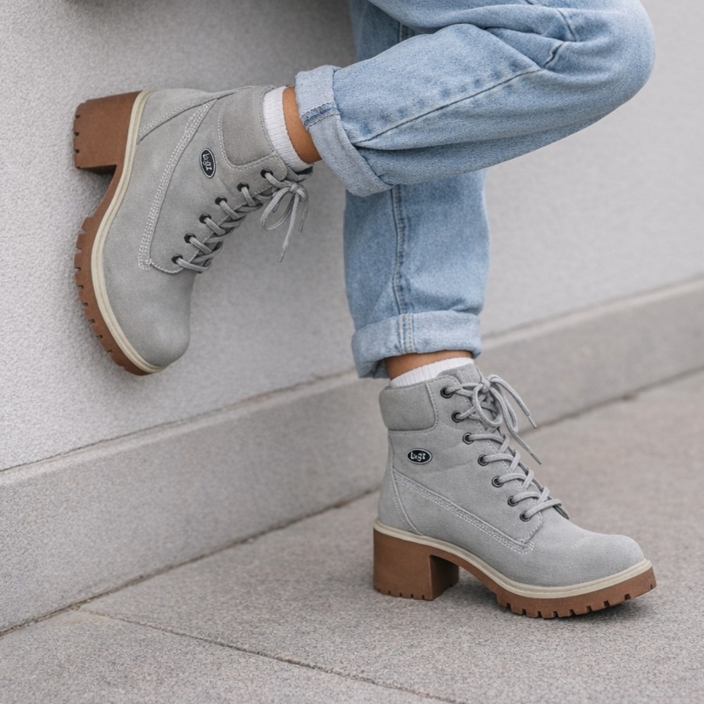 Lugz Womens 6.5 Gray Heeled Boots Lace Up Chunky Heel Lug Sole Combat Style